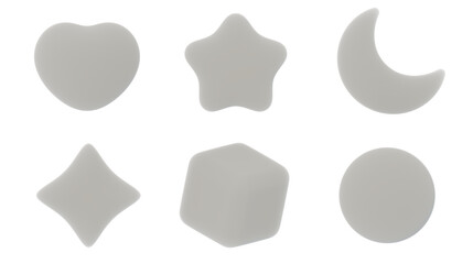 3d icon collection set, heart, star, moon, twinkle, cube and circle, gray material, png isolated background
