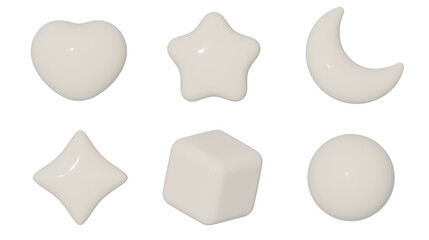 3d icon collection set, heart, star, moon, twinkle, cube and circle, glossy white material, png isolated background
