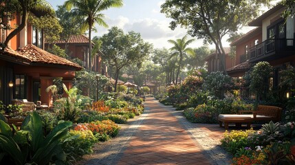 Obraz premium Serene Garden Pathway in a Tropical Resort Surrounded by Lush Greenery and Vibrant Floral Arrangements Under a Clear Blue Sky