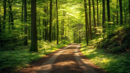 Obraz premium Beautiful Green Forest with Trees and a Path in Spring or Summer. AI generated illustration