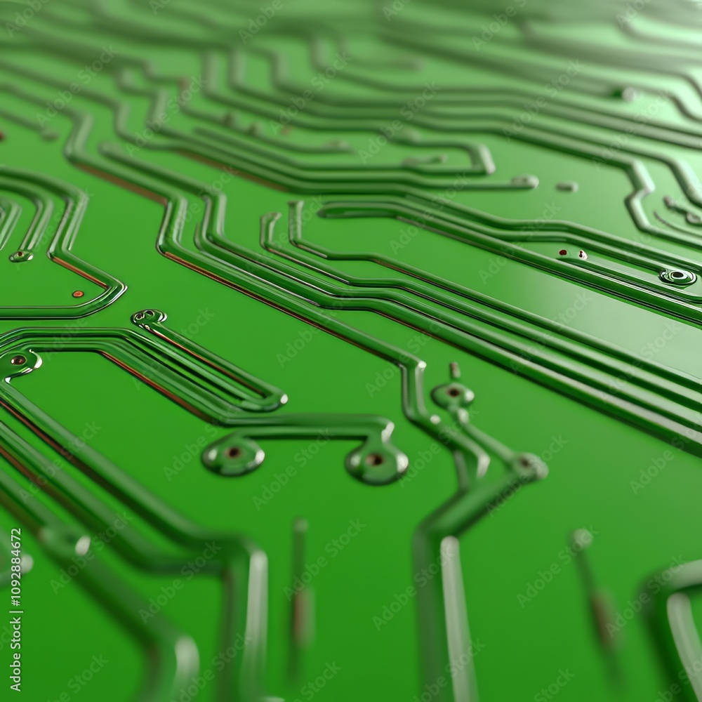 Poster close-up of a green circuit board's intricate pathways and components.