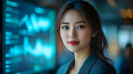 Obraz premium A beautiful Asian woman, Chinese analyzing the stock market, graphs and big screen data, looking ahead.