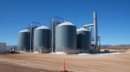 Obraz premium Bioenergy Production Industry Concept, Biogas Plant Featuring Circular Storage Domes and Connecting Pipes in an Open Landscape Under Clear Blue Skies