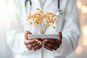 A healthcare professional in a white coat gently cradles a digital tablet displaying a vibrant floral arrangement, symbolizing health and growth in modern medicine.