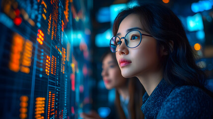 focused Asian businesswoman analyzing data on a futuristic digital screen in a high-tech environment.