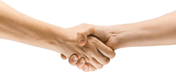 Close-up of two hands engaged in firm handshake isolated on transparent background. Agreement,...