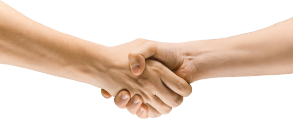 Close-up of two hands engaged in firm handshake isolated on transparent background. Agreement, partnership, support, and mutual understanding. Concept of visual communication, signs