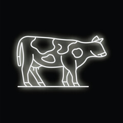 White neon sign shaped like a spotted cow standing on black background