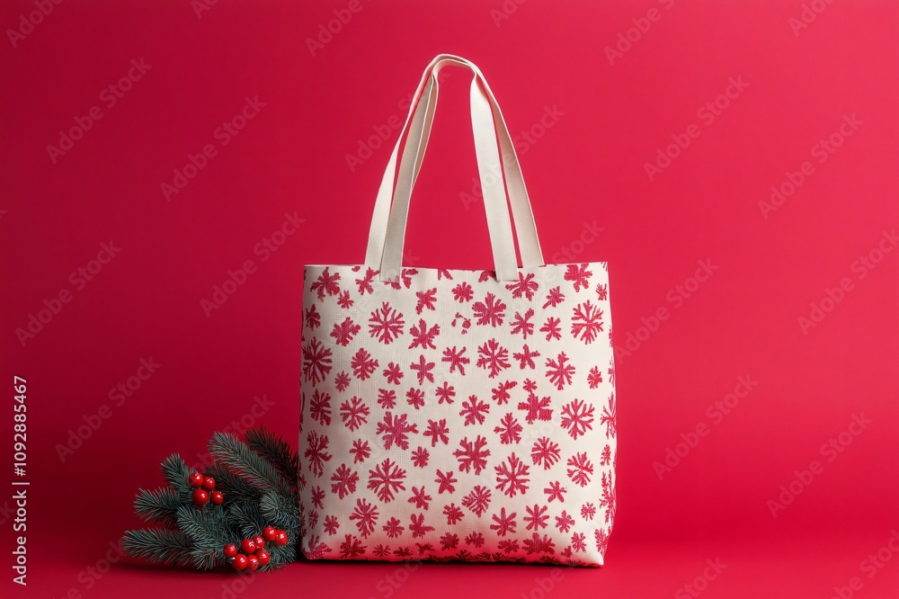 Aufkleber christmas tote bag with snowflake patterns standing next to a fir branch with red berries on a red b