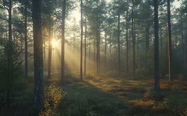 Fototapeta premium Spring Forest Landscape with Tall Pine Trees at Sunrise, AI generated illustration