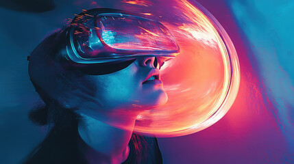 Naklejka premium A person explores virtual reality with vibrant neon lights, highlighting futuristic technology and innovation.