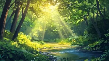 Summer Forest Landscape with a Small River and Sunlight Through Trees, AI generated illustration