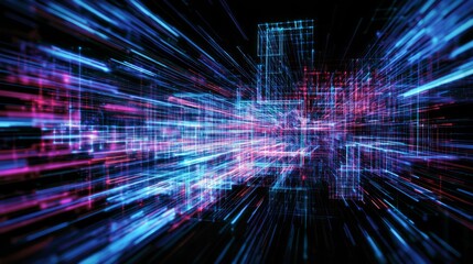 Futuristic Data Transformation: Glowing Geometric Shapes Evolving into Text in 3D Render on Isolated Dark Background Representing Large Language Models (LLM) Movement