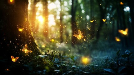 Naklejka premium Glowing Butterflies in Mystical Forest with Golden Particles