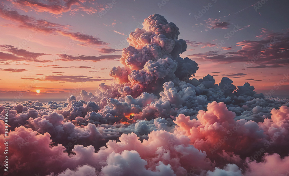 Poster large cloud of pink and white clouds in the sky. the clouds are very large and fluffy