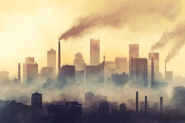 Industrial cityscape releasing pollution into the atmosphere, creating a thick layer of smog