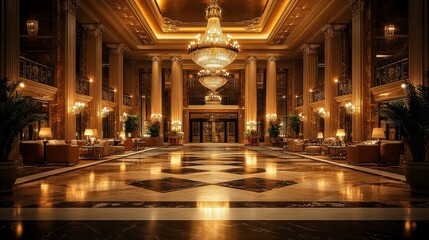Obraz premium Elegant and Luxurious Hotel Lobby with Grand Chandelier, Opulent Decor, and Warm Ambient Lighting Ideal for Travel and Hospitality Themes