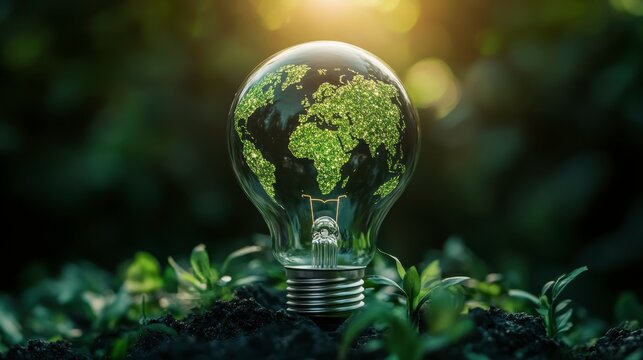 Green World Map Within a Light Bulb Represents Sustainable Energy and Environmental Protection. Generative AI