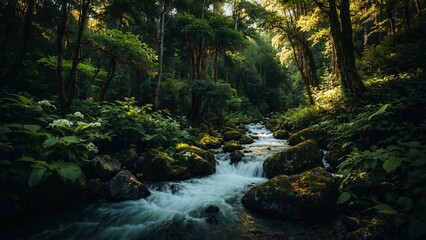 Obraz premium 木漏れ日満ちる小川夏の涼しさを感じる爽やかなシーン1