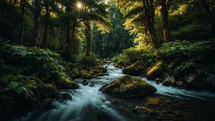Obraz premium 木漏れ日満ちる小川夏の涼しさを感じる爽やかなシーン2