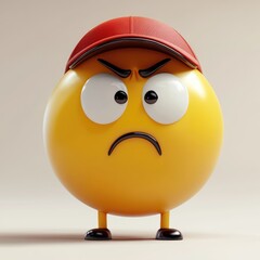 This vibrant round yellow emoji stands prominently, wearing a bright red baseball cap, articulating a strong frown with oversized eyes