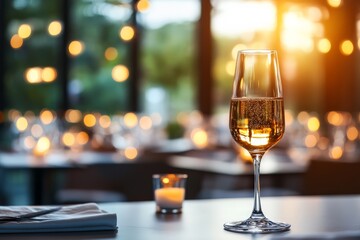 A close-up of a wine glass on a table in a warmly lit restaurant, capturing the elegance and cozy atmosphere ideal for dining and relaxation.