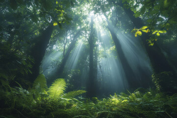 Obraz premium Sunlight beams through lush, dense forest canopy illuminating vibrant green foliage and ferns, creating a serene and mystical atmosphere.