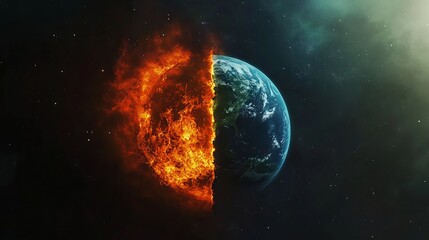 Obraz premium Earth Day Concept with Split Earth: Half on Fire, Half Green. AI generated illustration