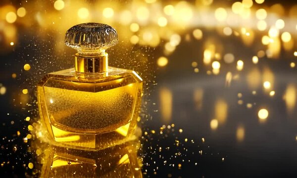 Golden perfume bottle with glitter on dark background.