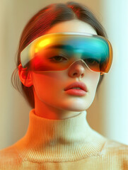 A young woman wears a colorful visor and a high-neck sweater, set against warm tones, evoking futuristic elegance.