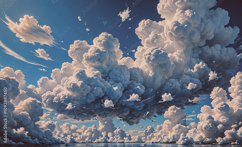 Poster large cloud of white clouds in the sky. the clouds are very large and are spread out across the sky