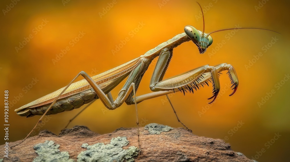 Poster a close-up of a praying mantis on a textured surface with a dramatic background.
