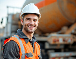 Portrait happy worker of concrete factory, young man in uniform with hard hat on background cement mixer truck.