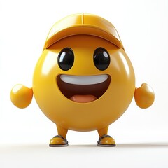 A cheerful yellow emoji with a big smile and a sleek baseball cap stands out against a clean white backdrop, embodying joy and positivity for use in various digital communications