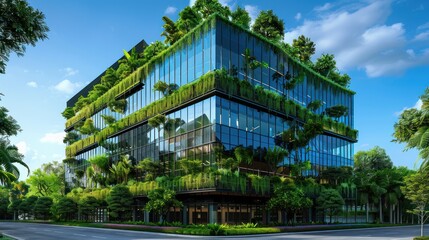 odern green building with lush trees and vertical gardens.