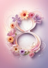 Digital composition of flowers forming the number "8" for March 8, with pastel light trails swirling around, creating an abstract and celebratory International Women’s Day design