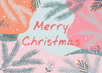 Christmas winter card with fir branches, berries, abstract spots. Vector illustration for postcard, invitation, poster, cover, seasonal winter holidays.