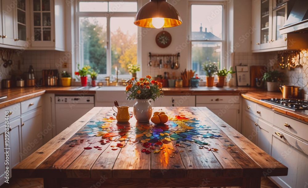 Poster kitchen with a table with a vase of flowers on it. there are oranges on the table as well