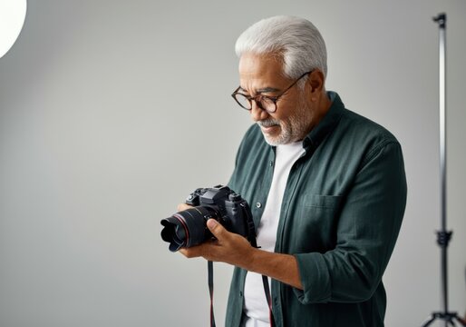 Professional photographer reviewing captured images on a digital camera during a studio photoshoot
