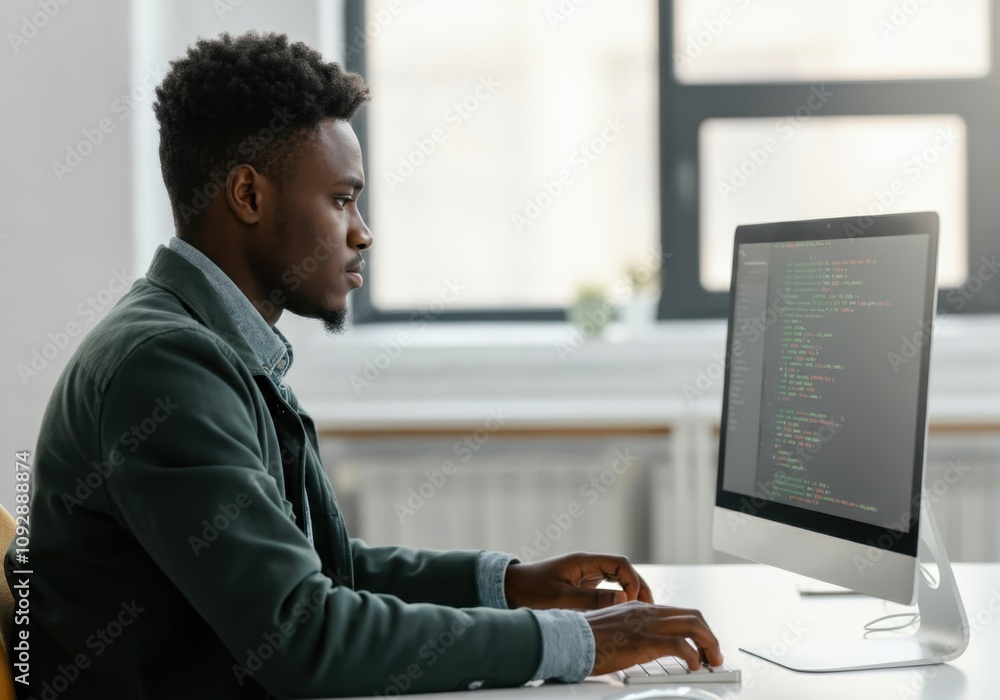 Poster young programmer concentrating on writing code on his desktop computer in a bright, modern office