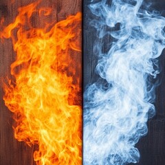 Fire and ice on wood background.