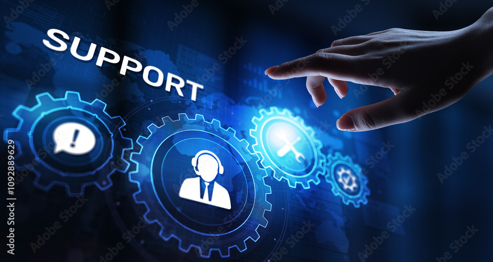 Poster Support button on virtual screen. Customer service and communication concept.