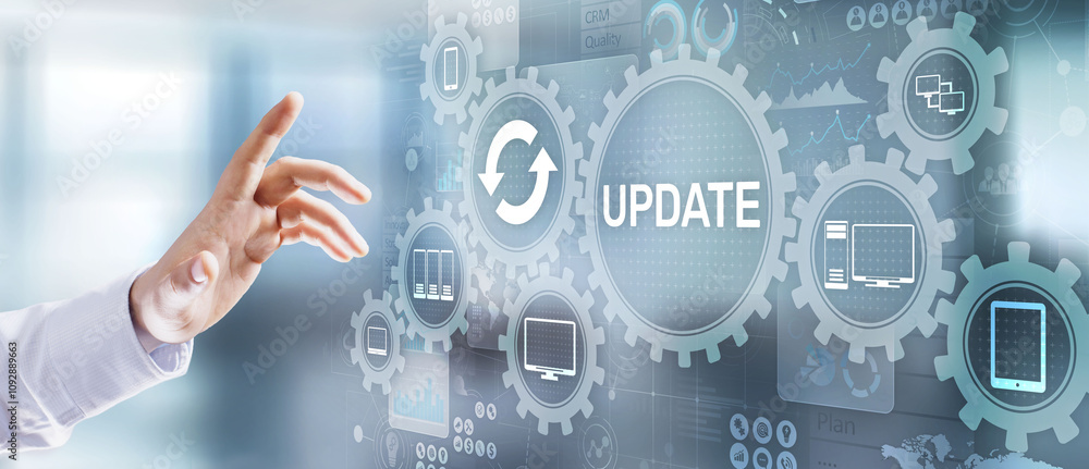 Poster update system upgrade software version technology concept on virtual screen.