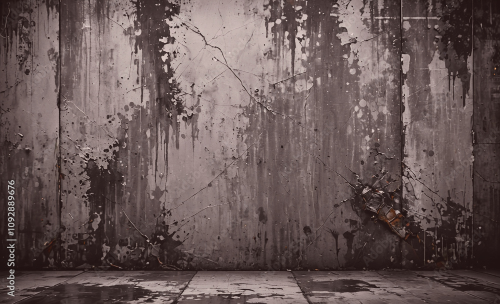 Poster wall with paint splatters and a hole in it. the wall is gray and has a lot of paint on it