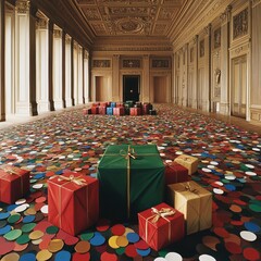 Naklejka premium Grand hall floor covered with colorful confetti and wrapped gifts.