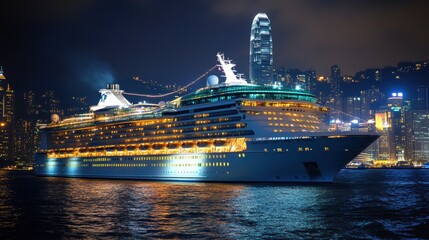 Fototapeta premium Cruise ship illuminated at night hong kong high-fidelity photography urban aerial view gigapixel concept