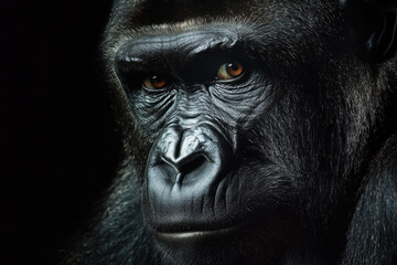 Obraz premium Close-up portrait of a majestic gorilla with intense gaze, highlighting its expressive eyes and textured fur against a dark background.