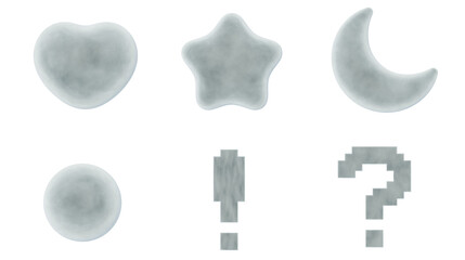 3d icon collection set, heart, star, moon, circle, exclamation point and question mark,  light gray velvet velour material, png isolated background