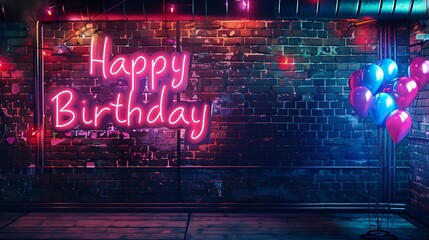 A vibrant birthday celebration scene featuring a neon "Happy Birthday" sign and colorful balloons against a brick wall.