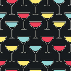 Alcohol cocktails vector seamless pattern. Multicolor glasses with white outline on black background.